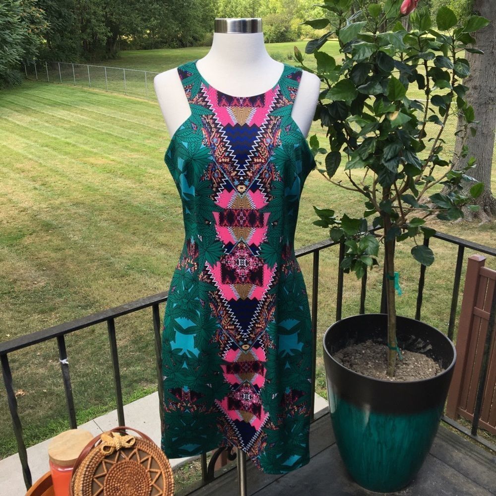 Gianni Bini Multicolor Green Pink Tropical Print Nora Dress NWT Large